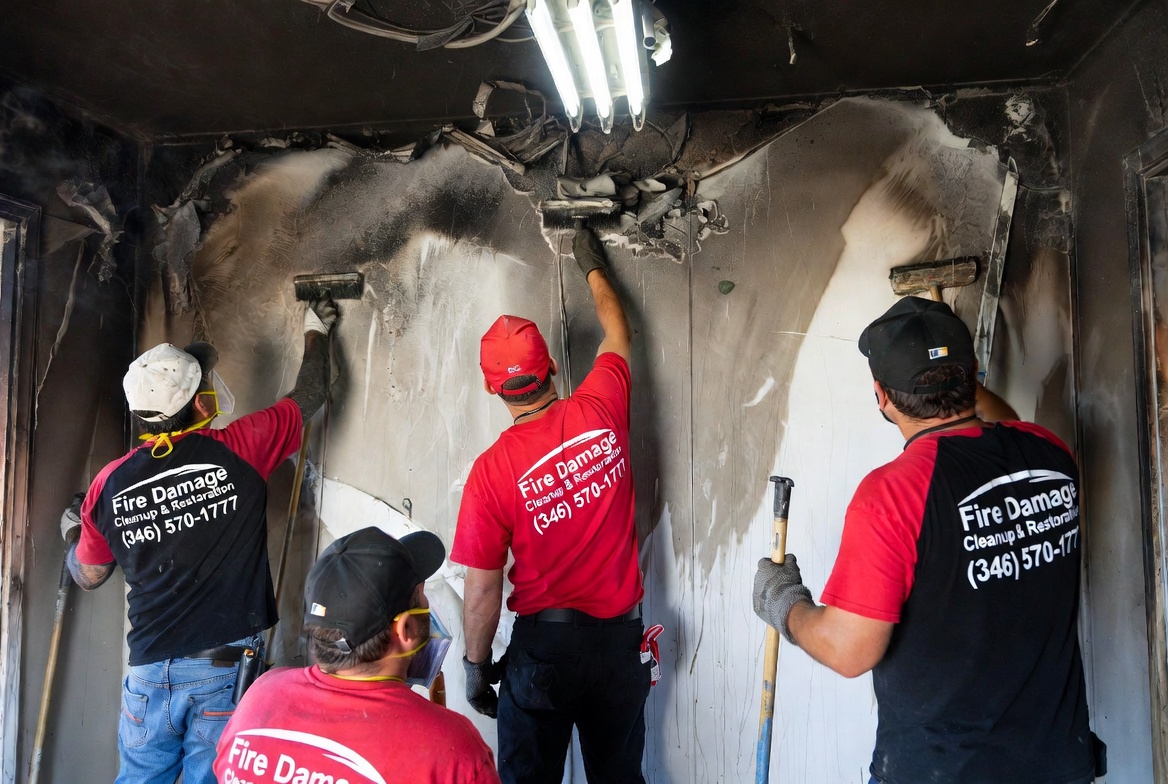 Fire Damage Cleanup & Restoration crew cleaning soot from fire-damaged walls