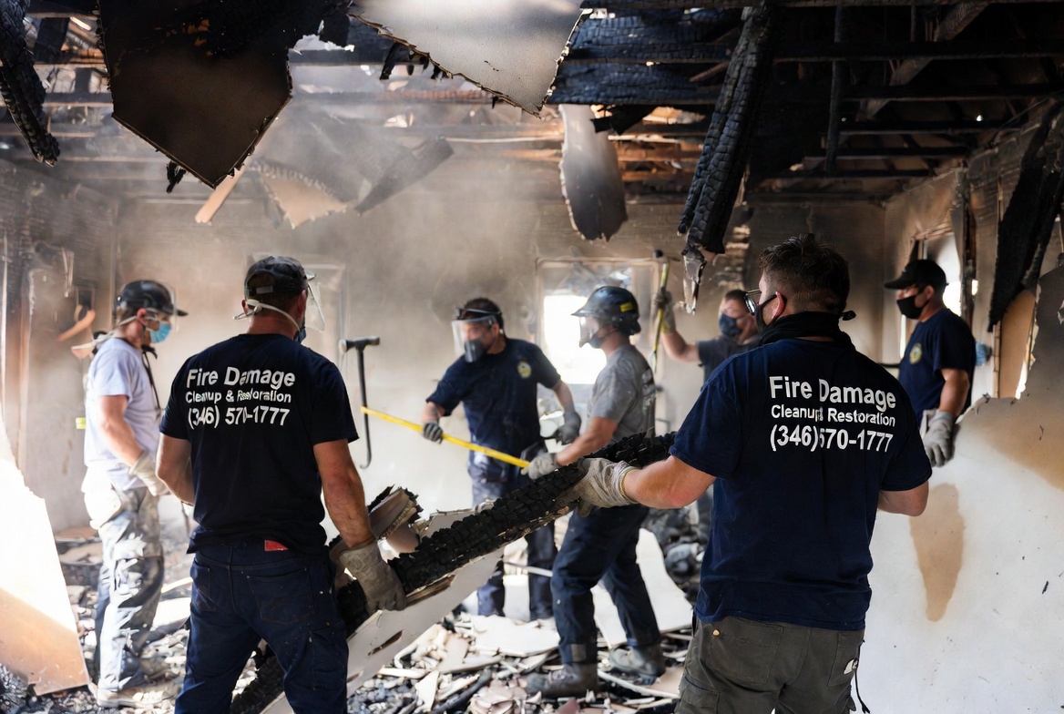 Fire Damage Cleanup & Restoration crew working inside a fire-damaged home